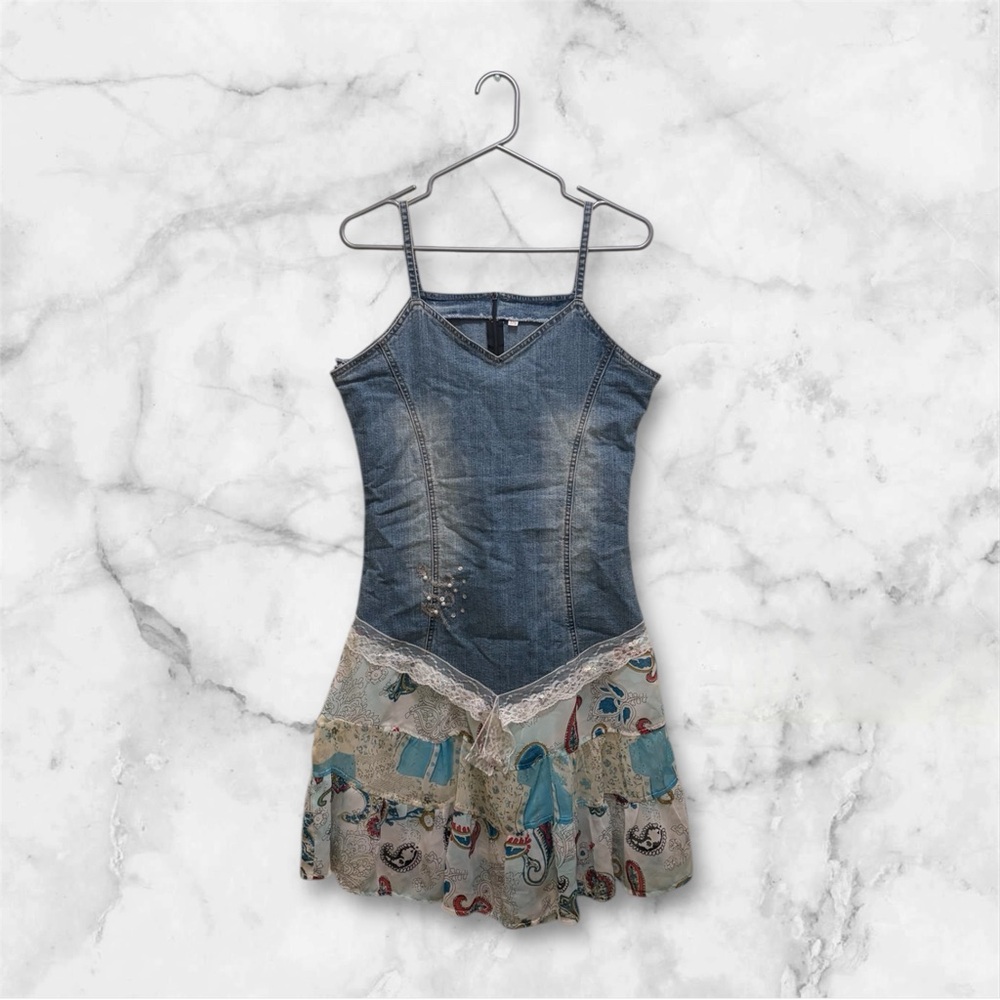 Vintage Blue Denim Spaghetti Strap Dress with Patterned Skirt